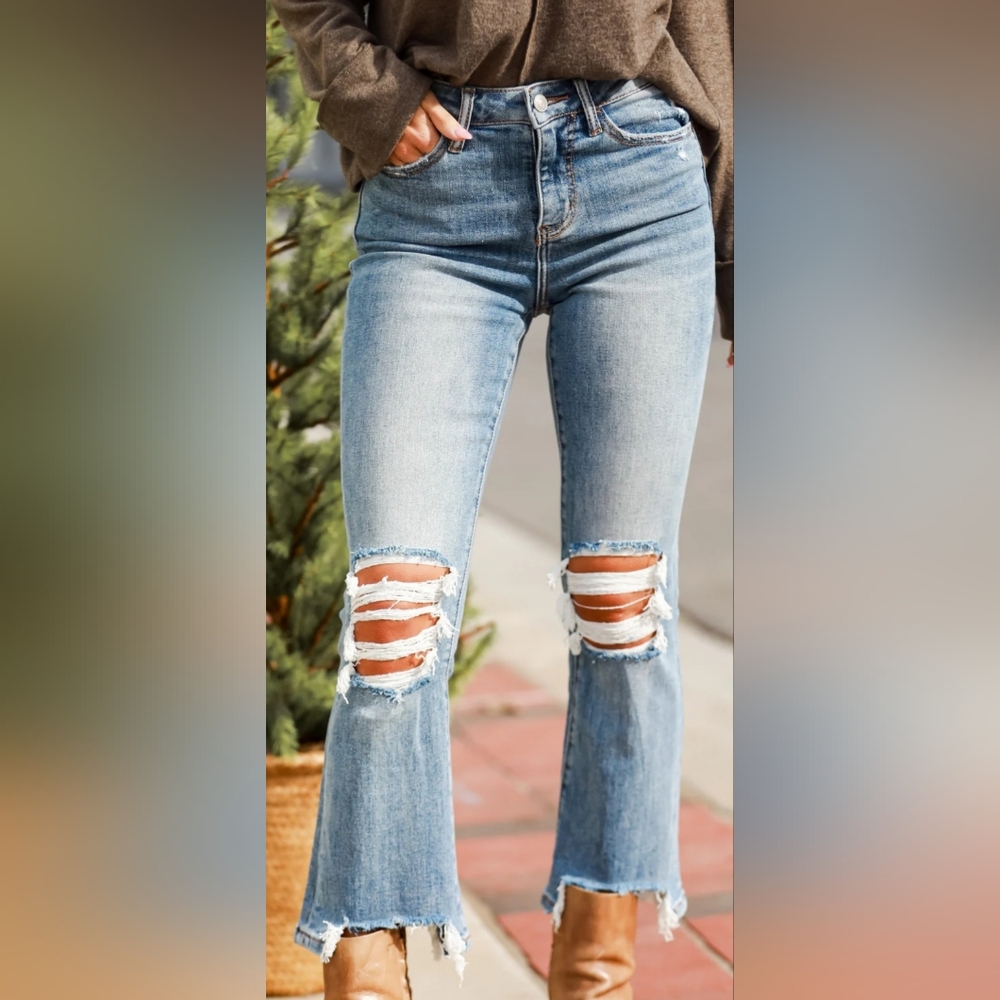 Courtney Light Wash Distressed Kick Flare Jeans